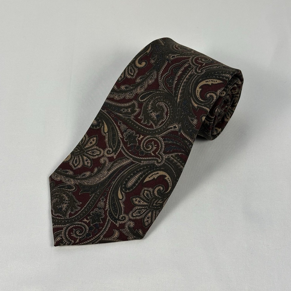 Jos A Bank Executive Collection Silk Tie Burgundy Olive Paisley USA 3.5"W 58"L